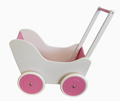 Wózek dla lalek, drewniany wózek. Różowo-biała krateczka