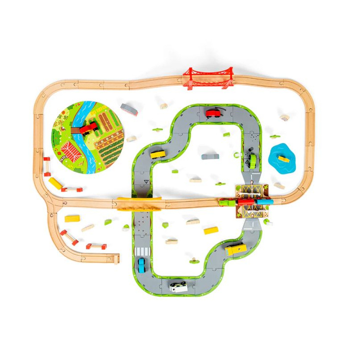 Kolejka drewniana z układem drogowym. Na wsi, Bigjigs Rail