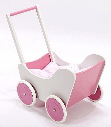 Wózek dla lalek, drewniany wózek. Różowo-biała krateczka