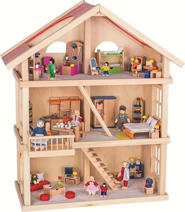 Drewniany domek dla lalek, 3 piętra, goki