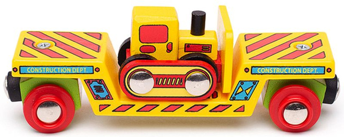 Drewniany wagon transportowy z buldożerem Bigjigs Rail kolejki dla dzieci