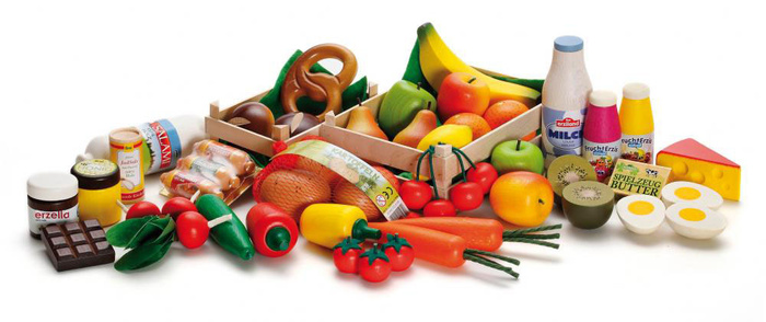 Duży drewniany zestaw do zabawy w sklep lub gotowanie 43 elementy Erzi