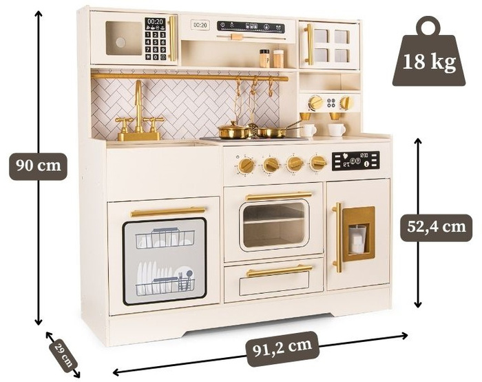 Drewniana kuchnia zabawkowa dla dzieci z bogatym wyposażeniem
