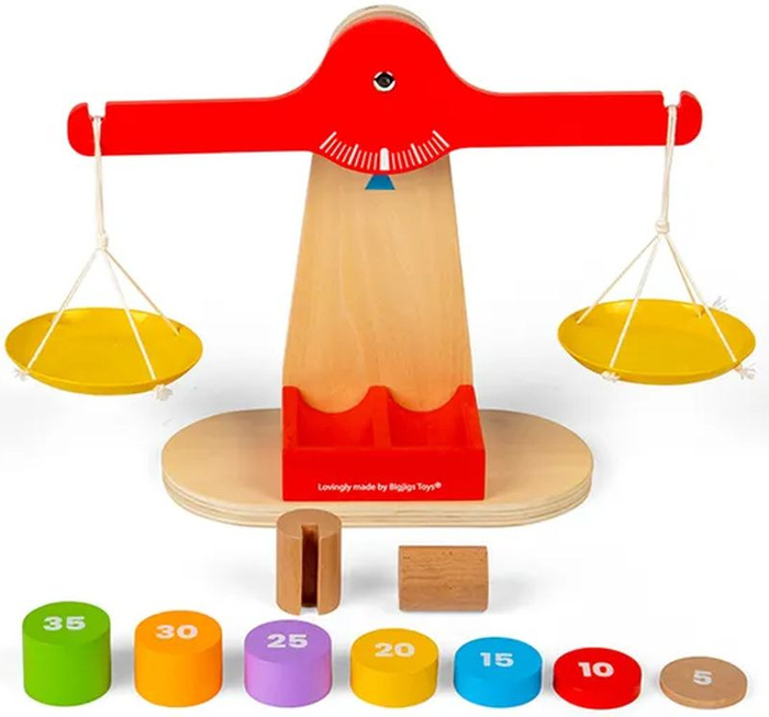 Czerwona drewniana waga szalkowa dla dzieci Bigjigs