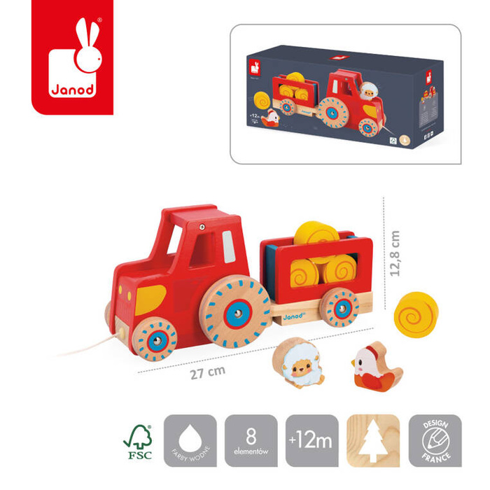 Drewniany traktor do ciągnięcia Farma Janod