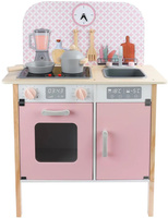 Drewniana kuchnia dla dzieci z zegarem różowa