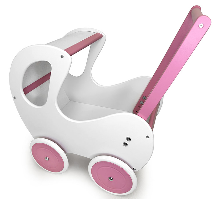 Wózek dla lalek, drewniany wózek. Biało-różowa budka