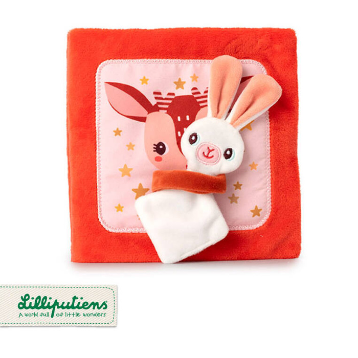 Materiałowa edukacyjna książeczka z mini przytulanką sarenka Stella i jej przytulanka LILLIPUTIENS