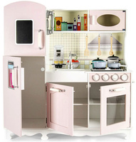 Drewniana kuchnia dla dzieci emitująca dźwięk i światło z akcesoriami kostkarką do lodu