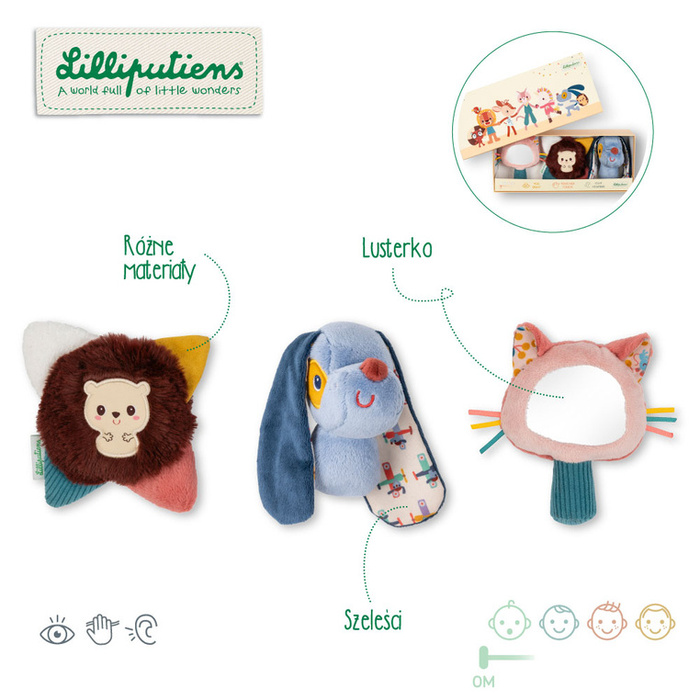 Zestaw 3 zabawek rozwojowych Piesek Jules Kotka Jeanne Jeżyk Leon Lilliputiens