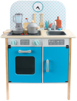 Drewniana kuchnia dla dzieci z zegarem niebieska