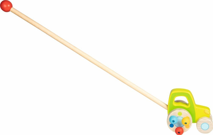 Drewniana zabawka do pchania na kijku Zielony traktor z ruchomymi kulkami Goki