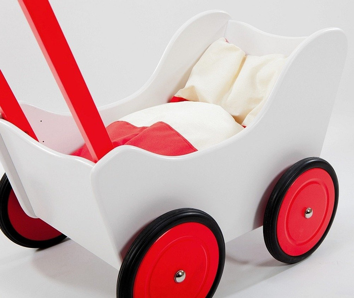 Wózek dla lalek, drewniany wózek. Biało-czerwony