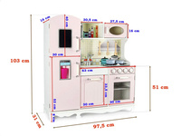 Drewniana kuchnia dla dzieci emitująca dźwięk i światło z akcesoriami kostkarką do lodu