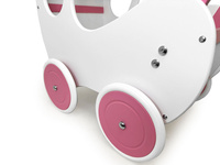 Wózek dla lalek, drewniany wózek. Biało-różowa budka