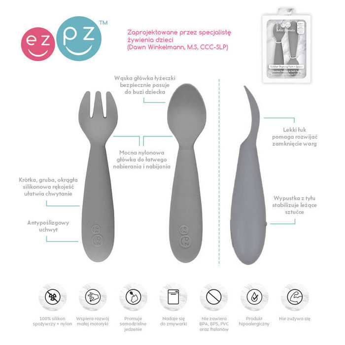 Komplet silikonowych sztućców Mini Utensils szary EZPZ