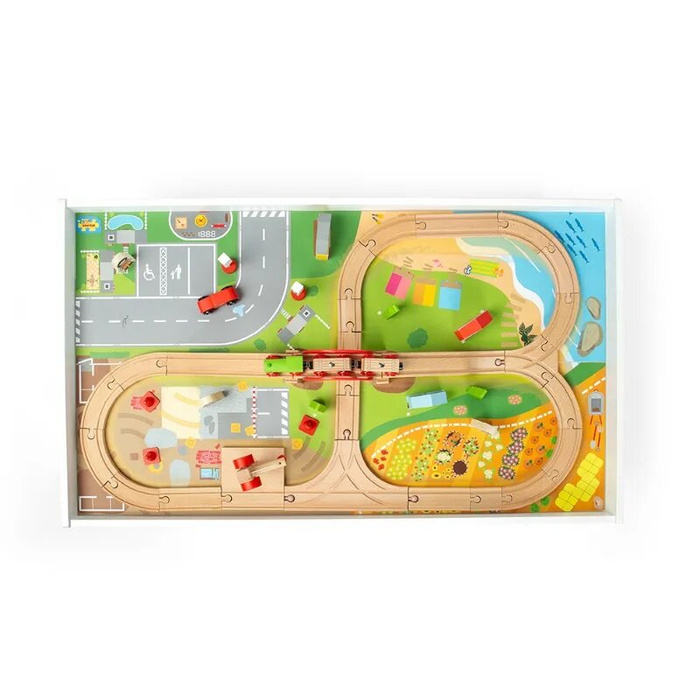 Wielki zestaw torów kolejowych na drewnianym stole Bigjigs Rail