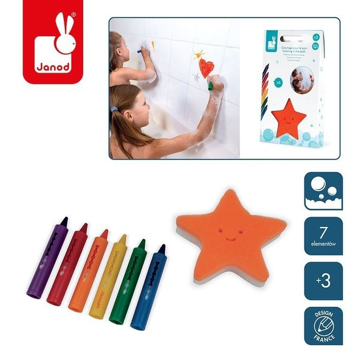 Kredki do kąpieli 6 kolorów z gąbką 3+, Janod