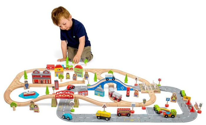 Kolejka drewniana z układem drogowym 105 elementów Bigjigs Road
