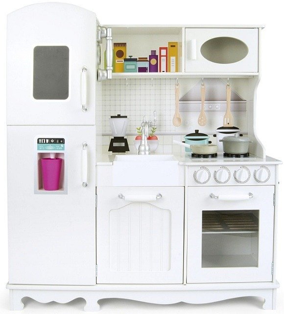 Kuchnia dla dziecka z lodówką, drewniana. Biały aneks