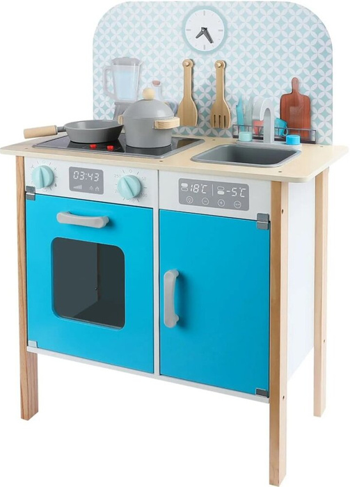 Drewniana kuchnia dla dzieci z zegarem niebieska