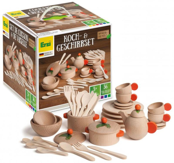 Drewniany Zestaw akcesoriów do gotowania i spożywania posiłków dla dzieci Erzi