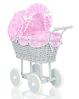 Szary Wózek wiklinowy dla lalek Róż w białe groszki My Sweet Baby