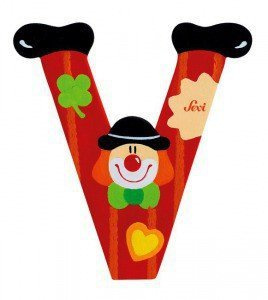 Drewniana literka. Klaun "V", Sevi