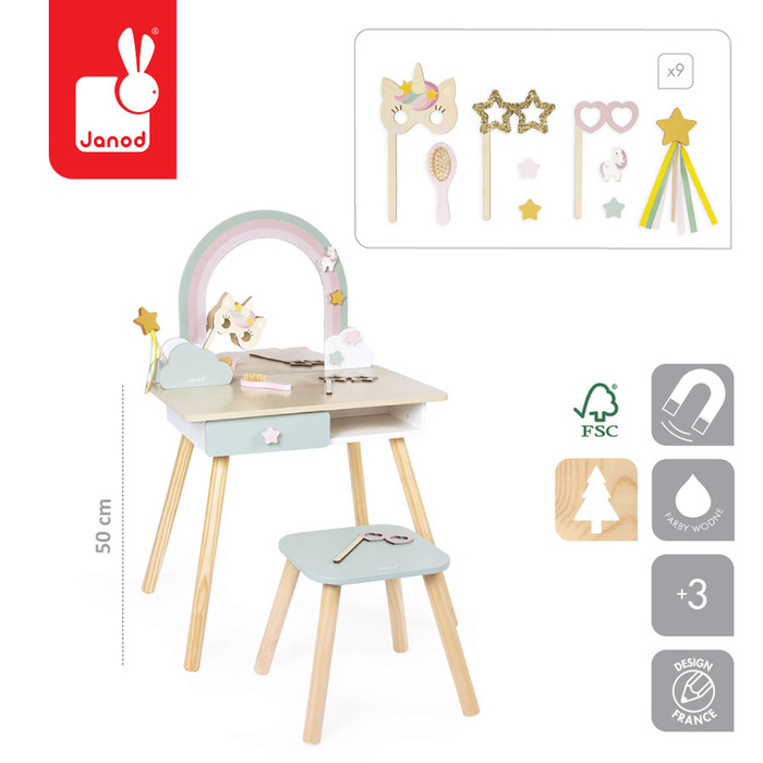 Duża toaletka drewniana Jednorożec 11 el Janod