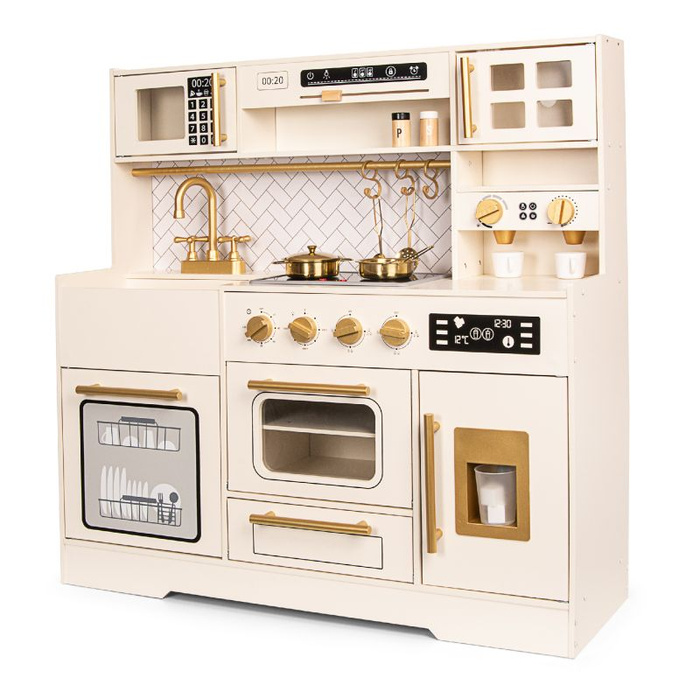 Drewniana kuchnia zabawkowa dla dzieci z bogatym wyposażeniem