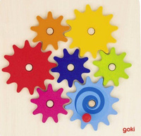 Układanka drewniana. Kolorowe koła zębate na podstawce, Goki