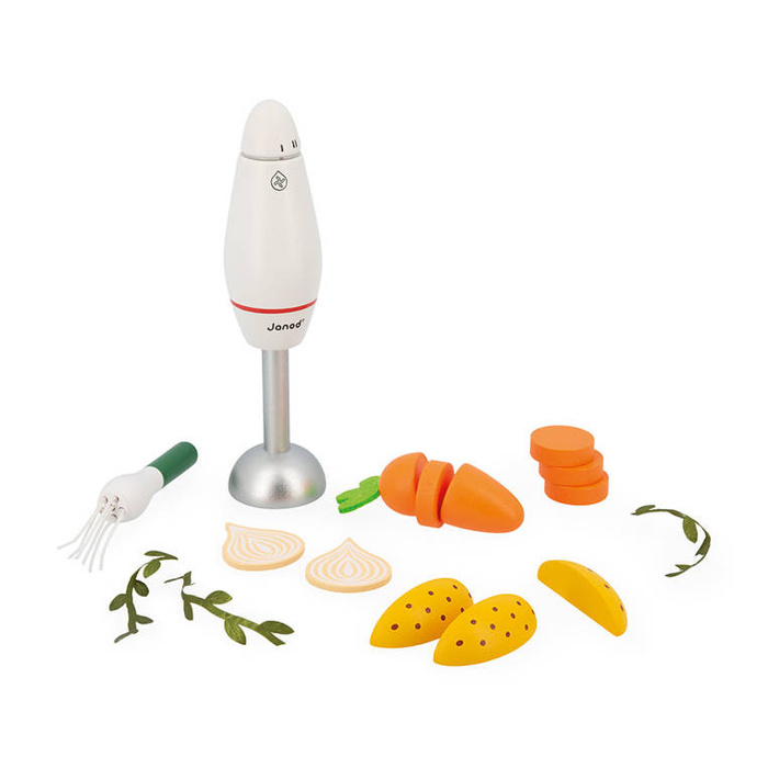 Gotowanie zupy z drewnianym blenderem i akcesoria Janod