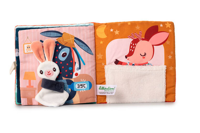 Materiałowa edukacyjna książeczka z mini przytulanką sarenka Stella i jej przytulanka LILLIPUTIENS