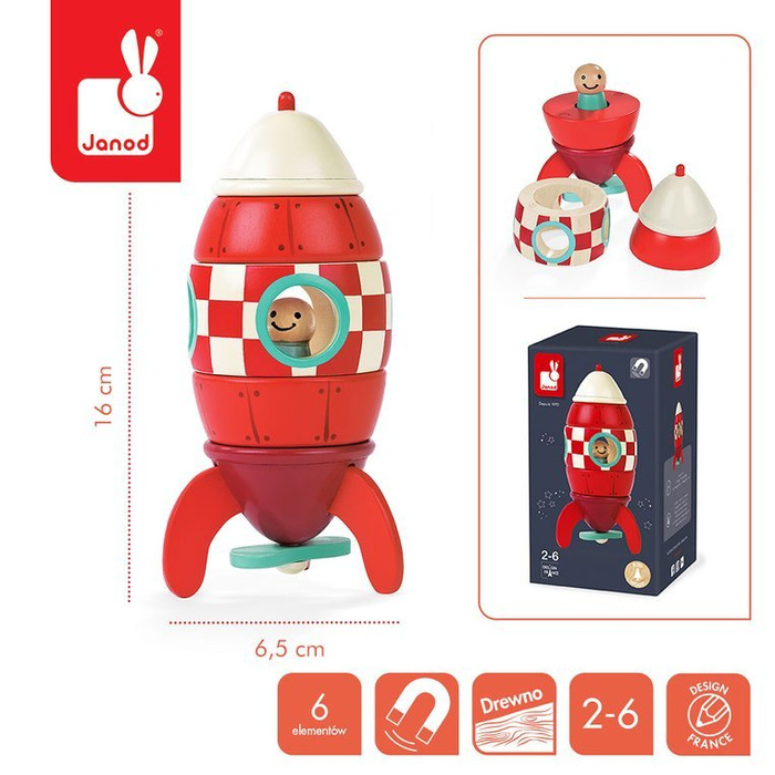 Magnetyczna, drewniana rakieta z małym astronautą, Janod