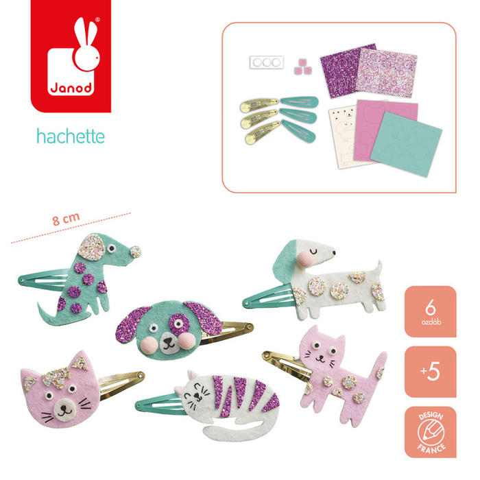 Brokatowe spinki do włosów Pieski i kotki Zestaw kreatywny dla dzieci do tworzenia biżuterii Janod