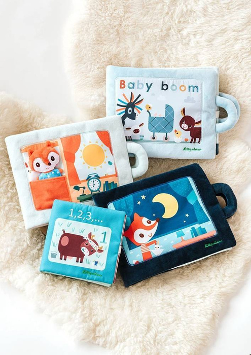 Miękka książeczka aktywizująca z mini-przytulanką „Dzień dobry, mały lisku” Lilliputiens