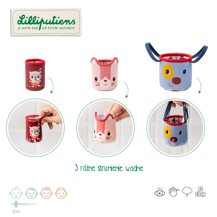 Kubeczki do kąpieli Piesek Jules Kotka Jeanne Jeżyk Leon Zabawka sensoryczna Lilliputiens