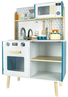 Niebieska interaktywna drewniana kuchnia dla dzieci z akcesoriami