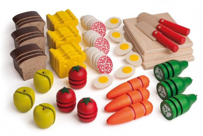 Drewniany Zestaw akcesoriów spożywczych na rzep do krojenia i zabawy 27 elementów Erzi