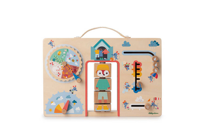 Drewniana tablica manipulacyjna walizka Ubranie na każdą pogodę Lisiczka Alice Lilliputiens