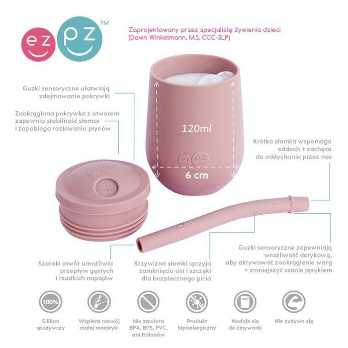 Silikonowy kubeczek ze słomką Mini Cup + Straw Training System 120 ml pastelowy róż EZPZ