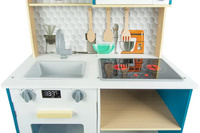 Niebieska interaktywna drewniana kuchnia dla dzieci z akcesoriami
