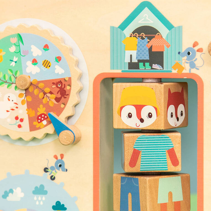 Drewniana tablica manipulacyjna walizka Ubranie na każdą pogodę Lisiczka Alice Lilliputiens