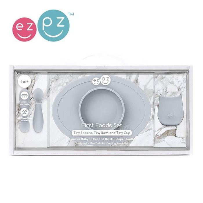 EZPZ Komplet pierwszych naczyń silikonowych First Foods Set pastelowa szarość