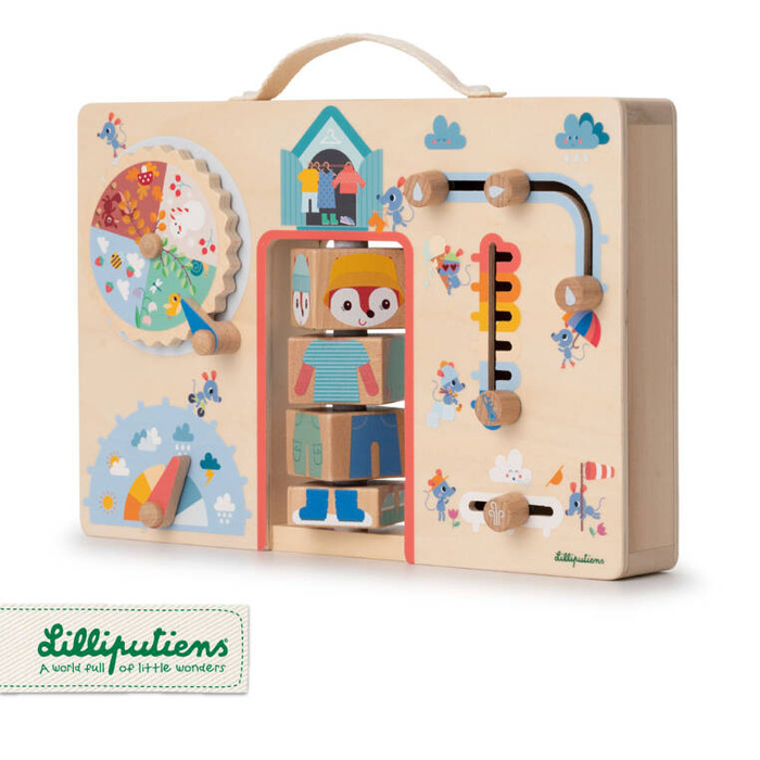 Drewniana tablica manipulacyjna walizka Ubranie na każdą pogodę Lisiczka Alice Lilliputiens