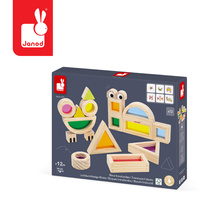 Sensoryczne klocki drewniane dla dzieci przeźroczyste kolorowe Janod 