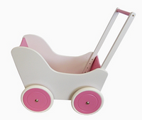 Wózek dla lalek, drewniany wózek. Różowo-biała krateczka