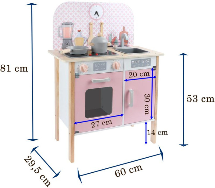 Drewniana kuchnia dla dzieci z zegarem niebieska
