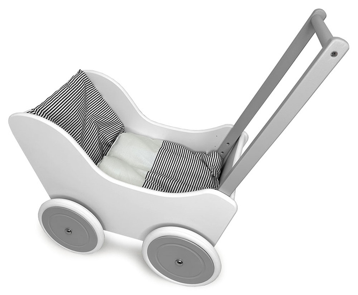 Drewniany wózek dla lalek biało-szary