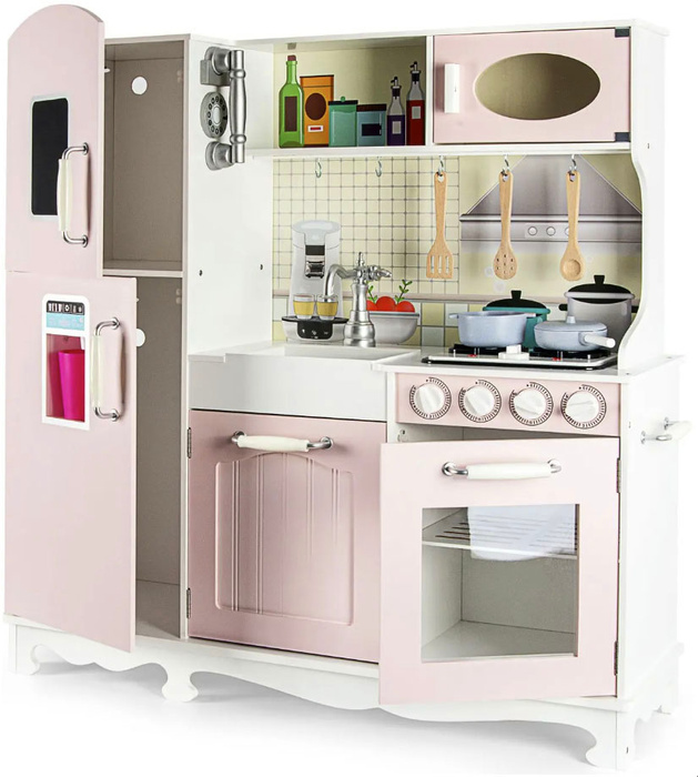 Drewniana kuchnia dla dzieci emitująca dźwięk i światło z akcesoriami kostkarką do lodu